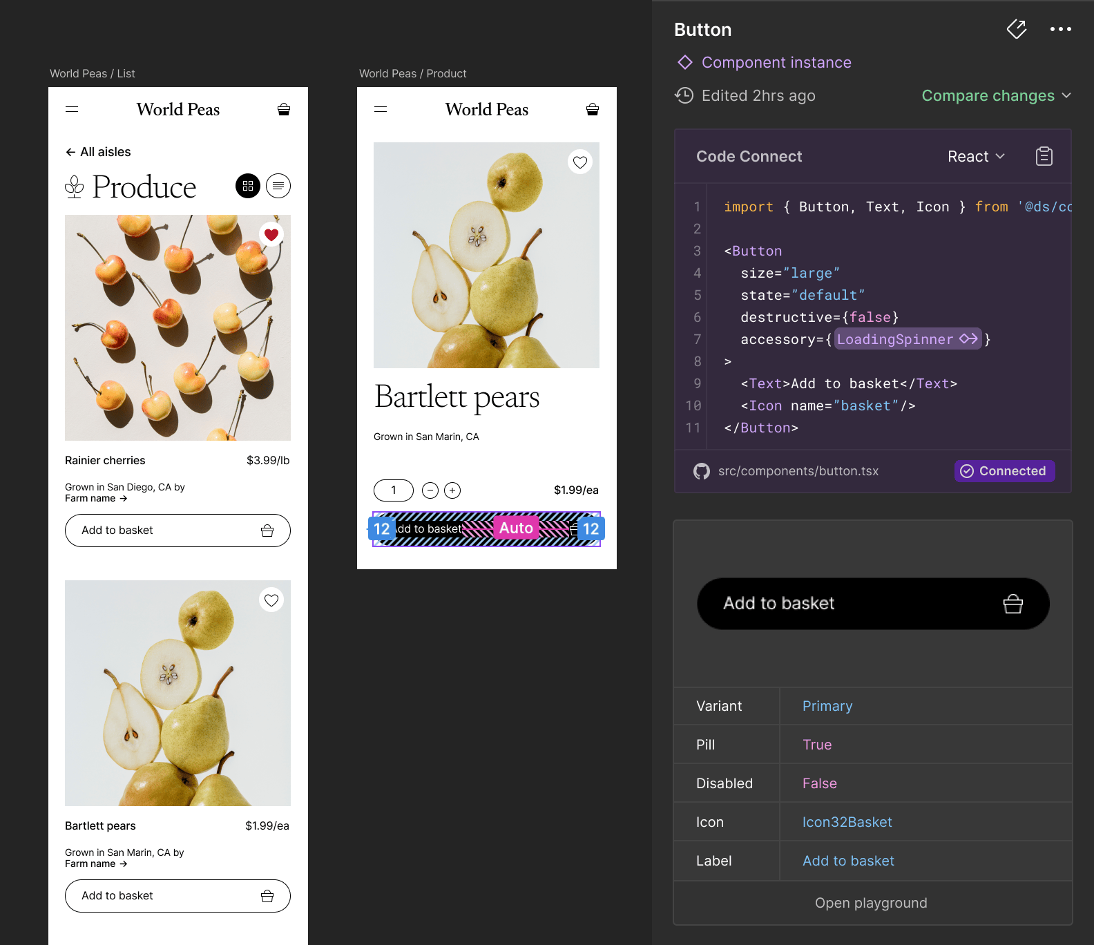 Figma Code Connect panel showing component code alongside UI screens.