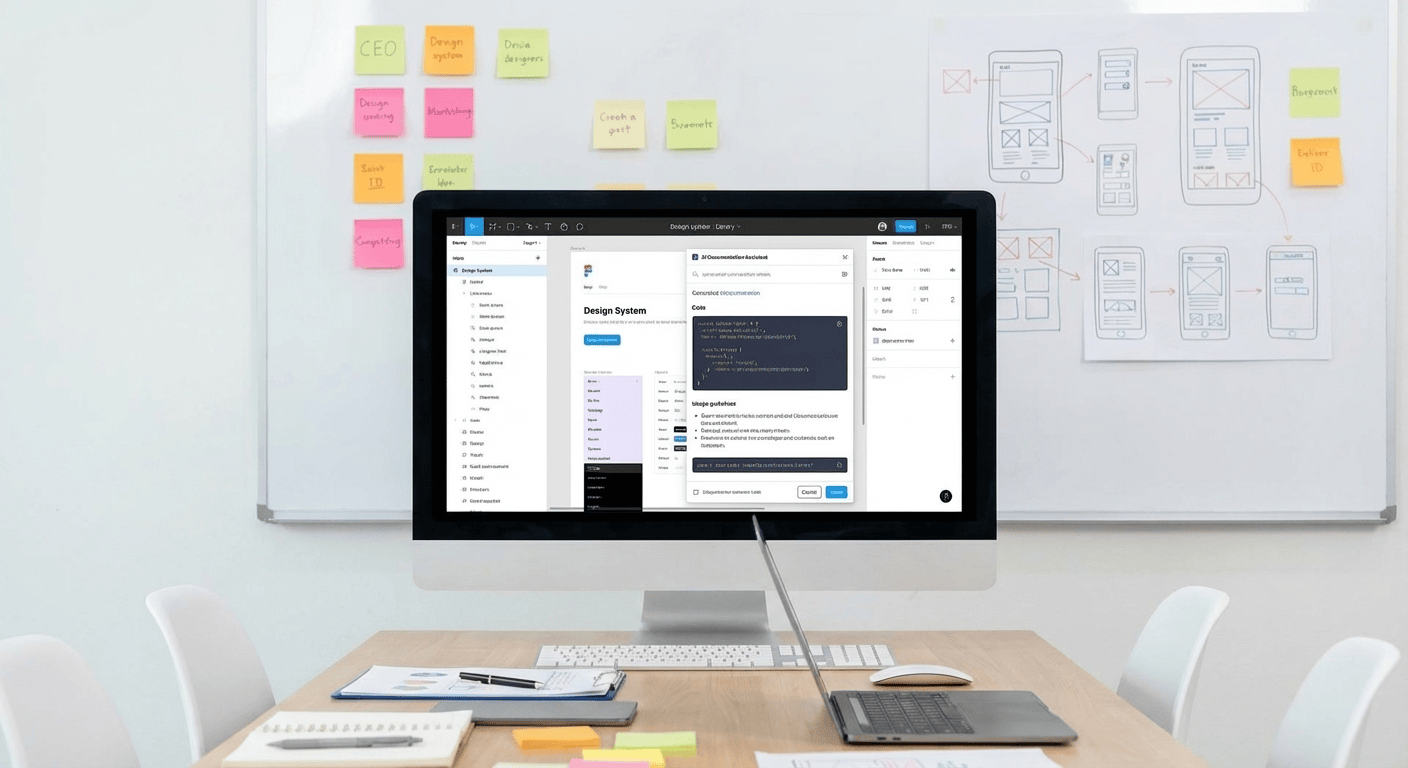 Design system file open on a desktop monitor in a workshop room.