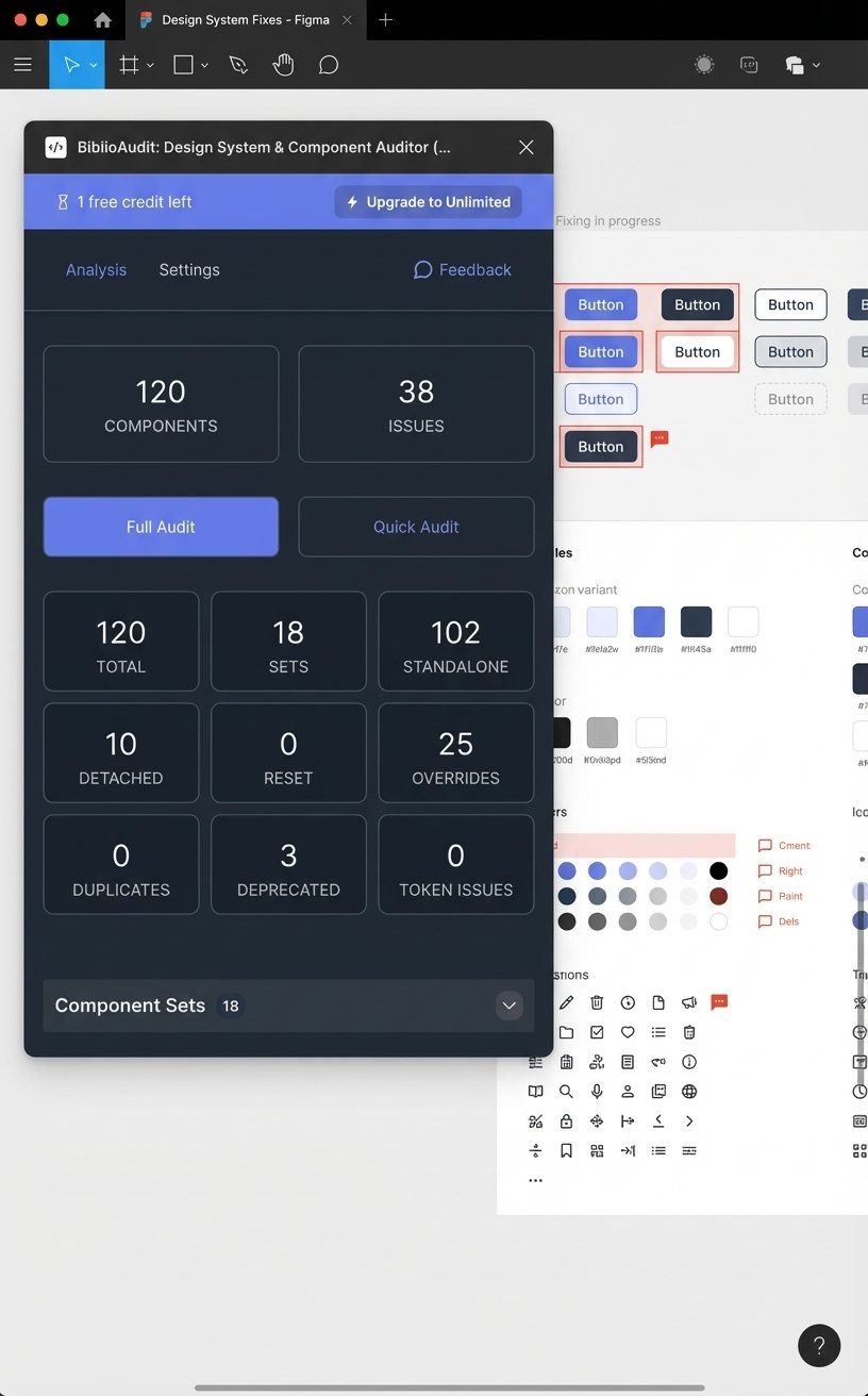 ComponentQA Figma plugin showing audit results for components and detached instances