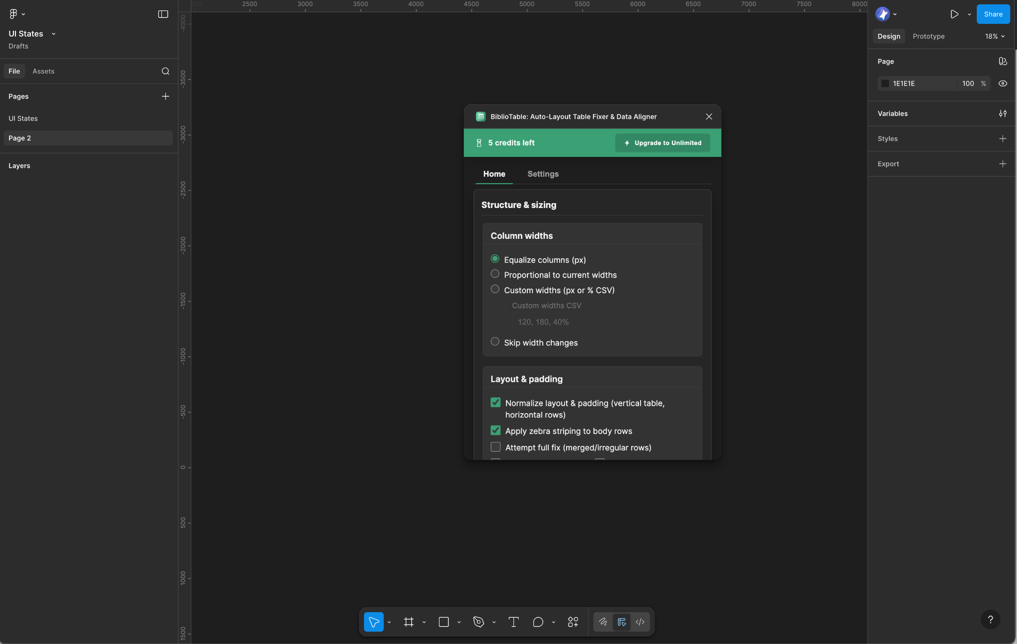 FixTable Figma plugin panel showing column width controls, zebra striping, and layout charts