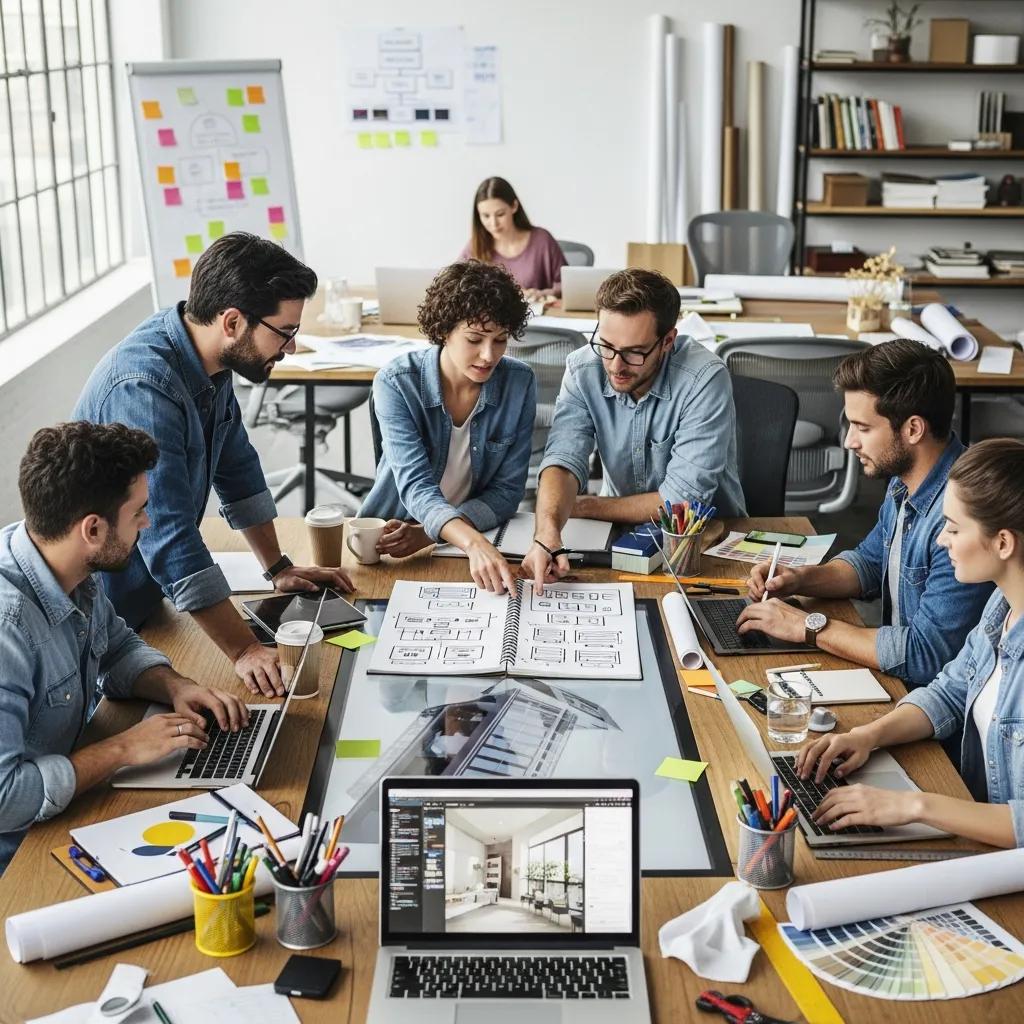 Team of designers collaborating on a design system in a bright workspace