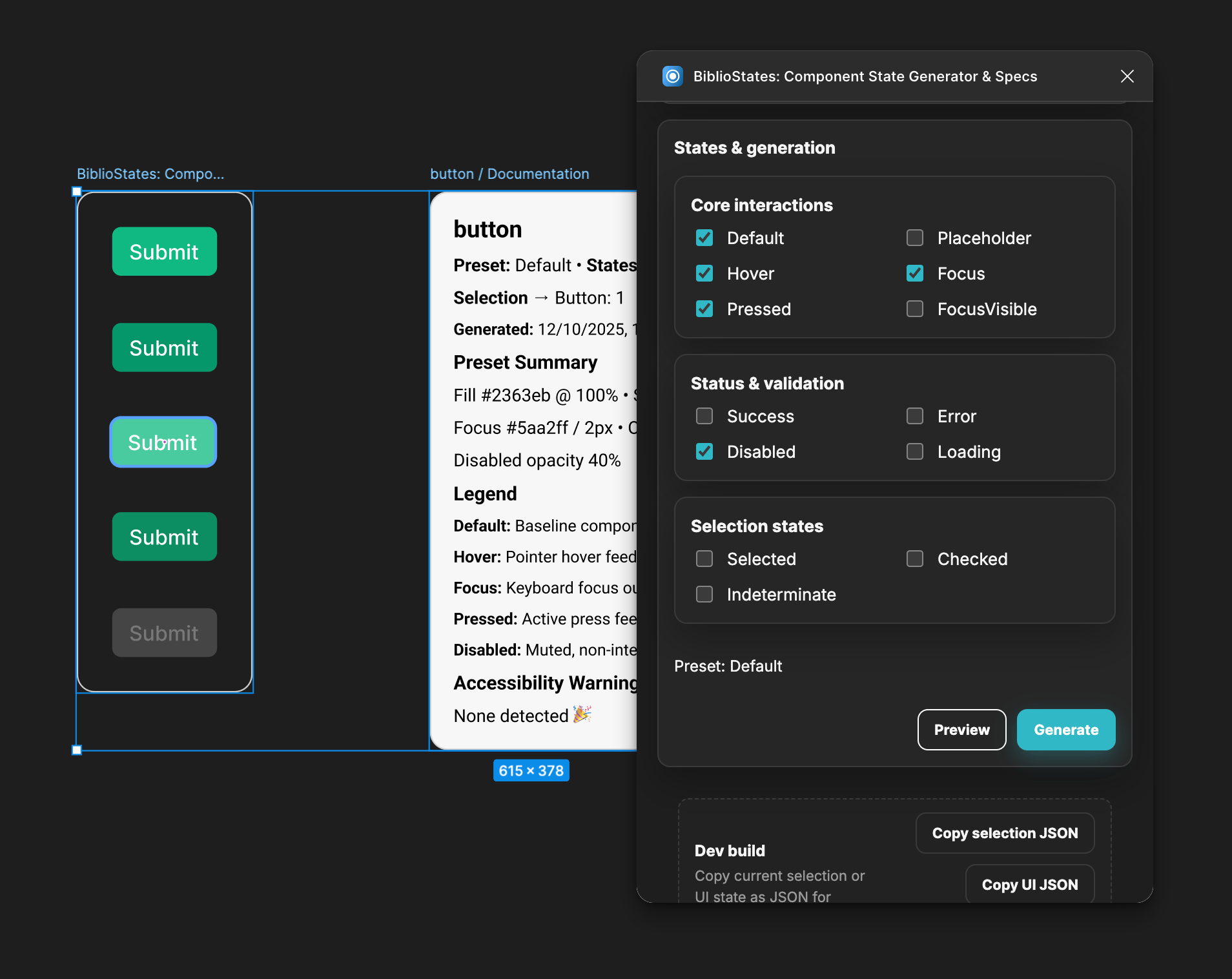 StateBuilder plugin showing component state options and button states in Figma