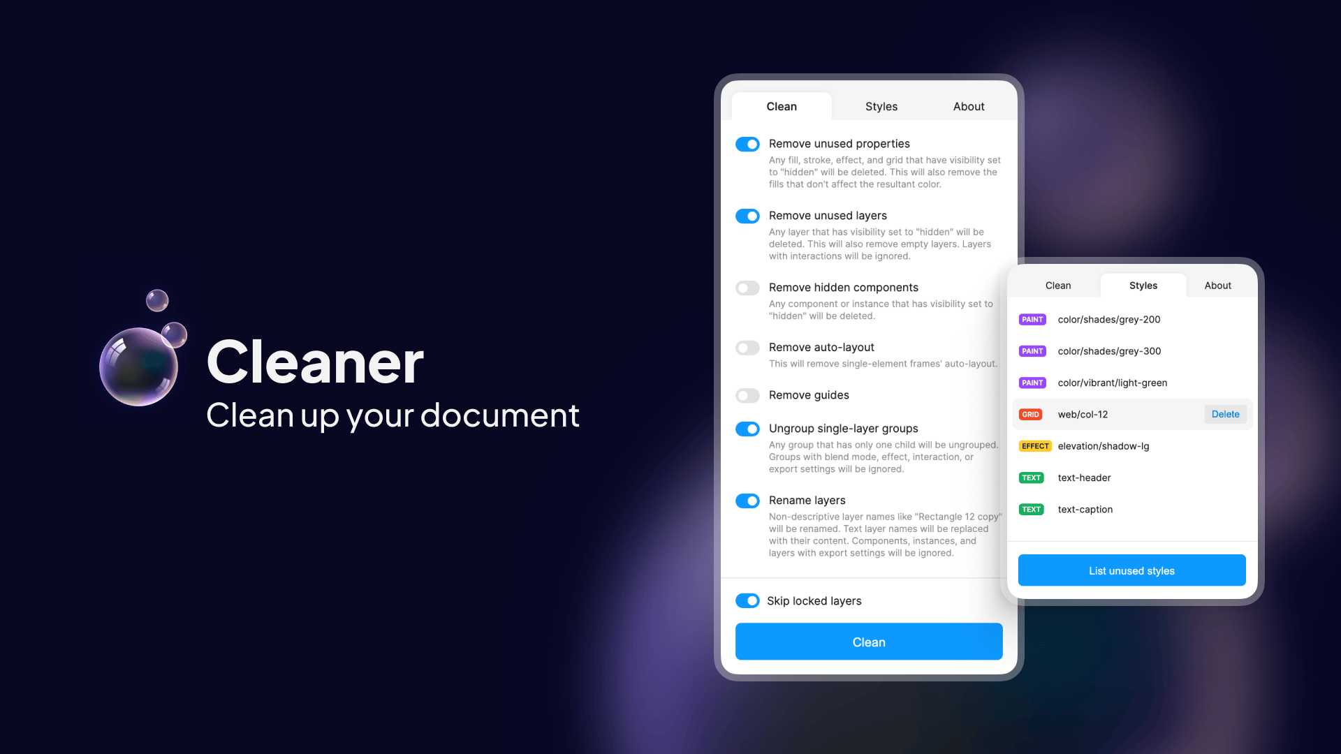 Clean Document plugin interface with cleanup toggles and style list