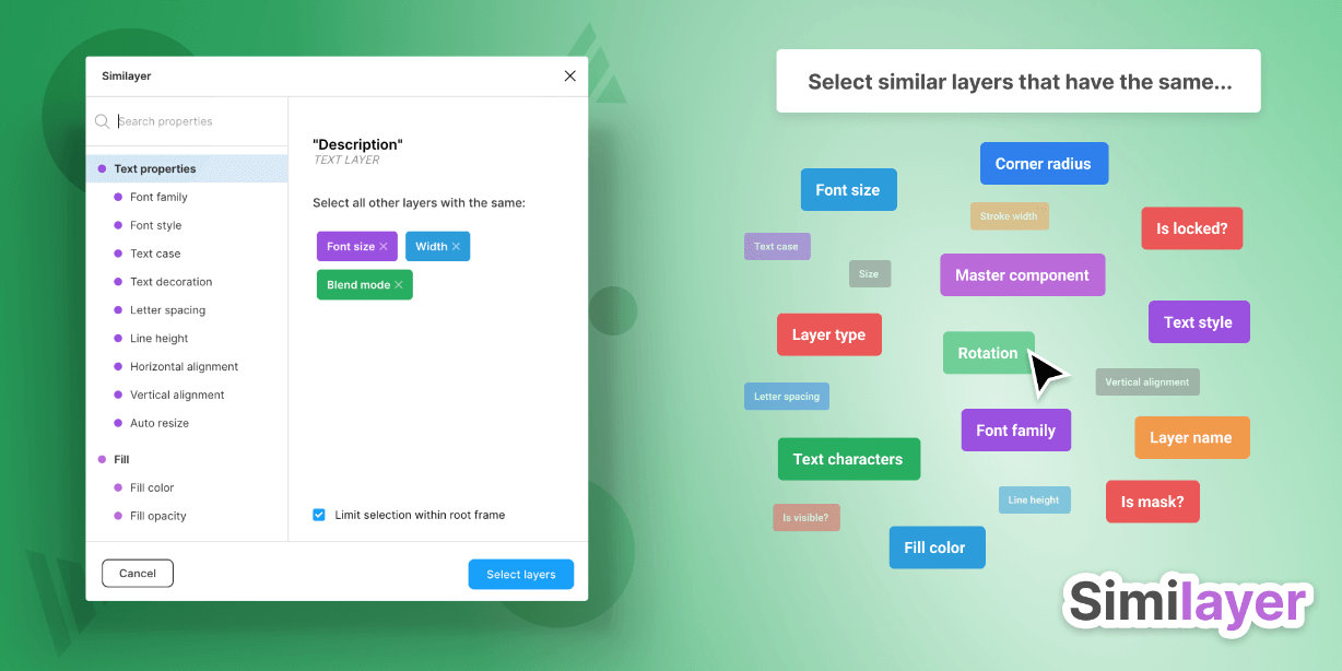 Similayer plugin interface for selecting similar layers by properties