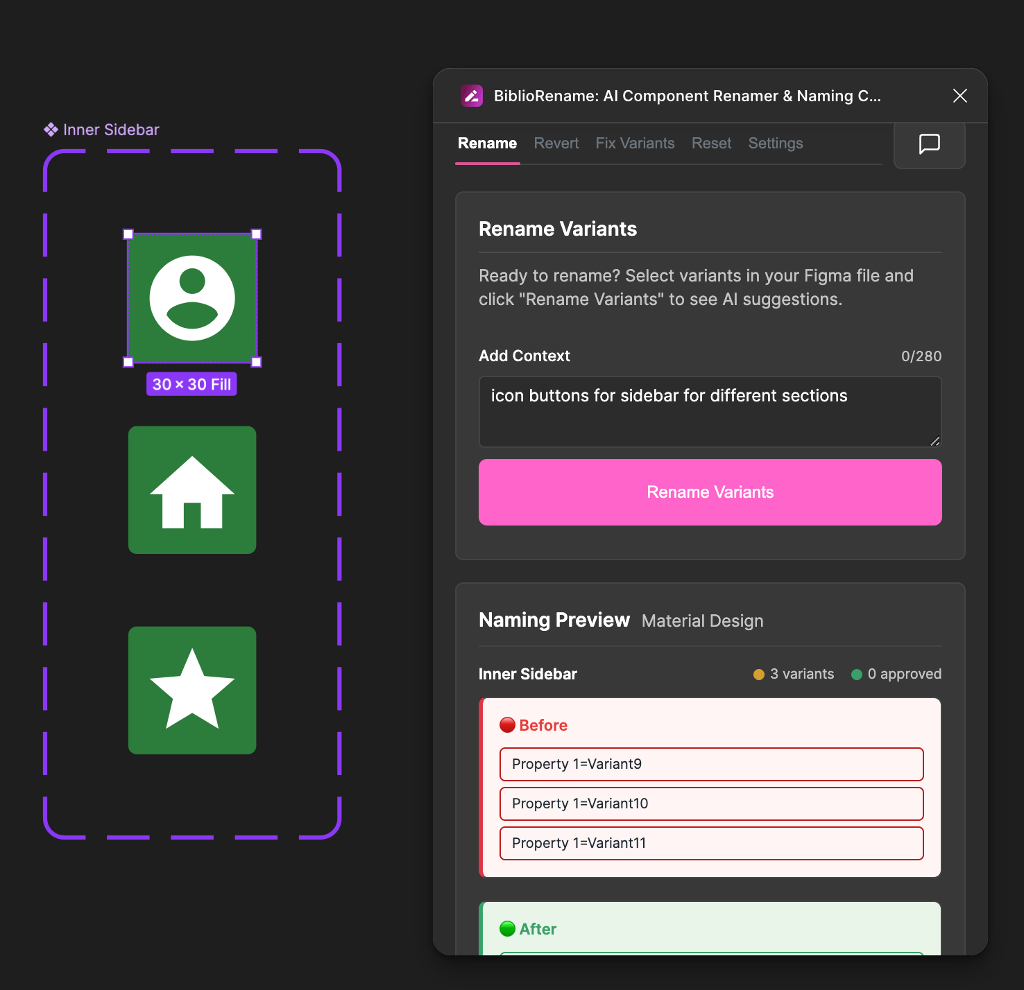 Screenshot of a chaotic variant list in Figma showing inconsistent naming